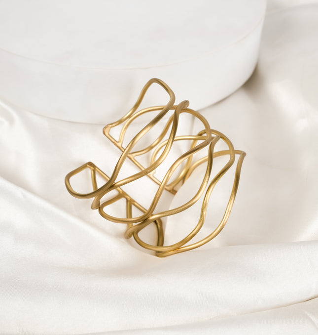 Sculpted Wave Gold Cuff Bracelet - Worn on Wrist