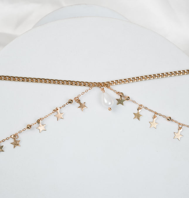 Celestial Star Pearl Belly Chain Styled on Waist with Crop Top