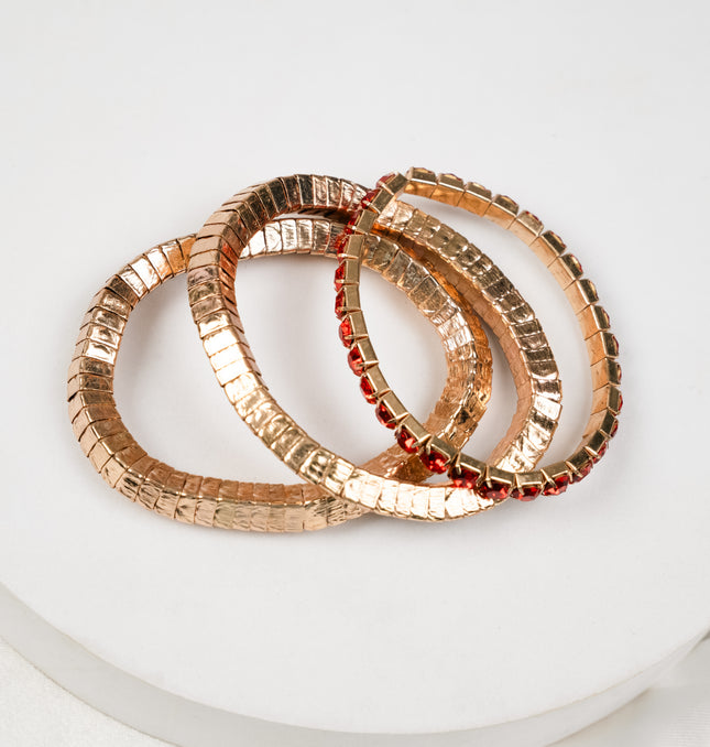 Gold-Tone Red Stone Layered Bracelet Styled on Wrist - Hashtack