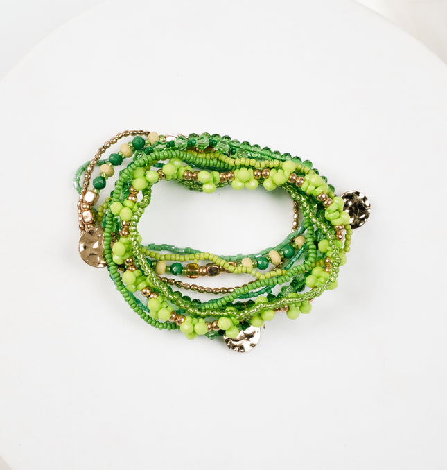 Green Meadow Beaded Bangle Stack with Gold Charms - Front View