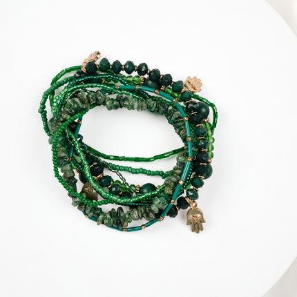 Emerald Green Multi-Layer Beaded Charm Bracelet