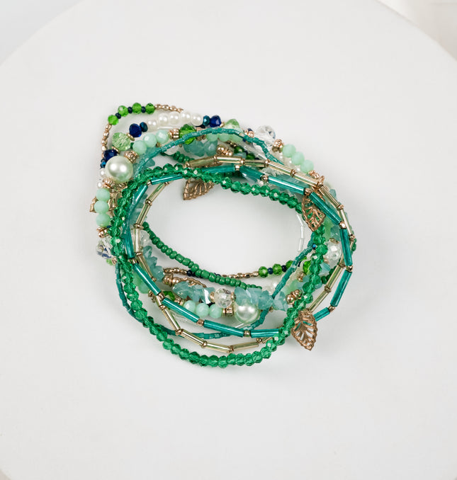 Emerald Green and Aqua Multi-Strand Bracelet Styled on Wrist - Hashtack