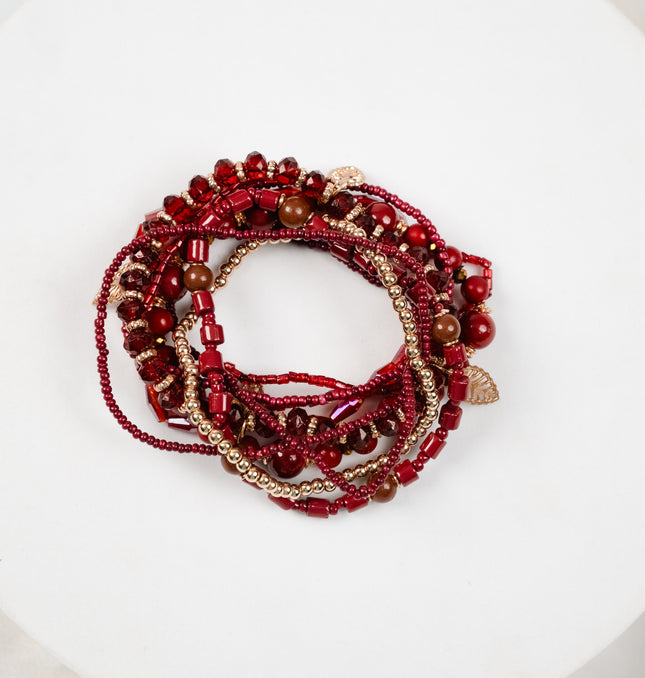 Burgundy Ruby Beaded Bangle Stack