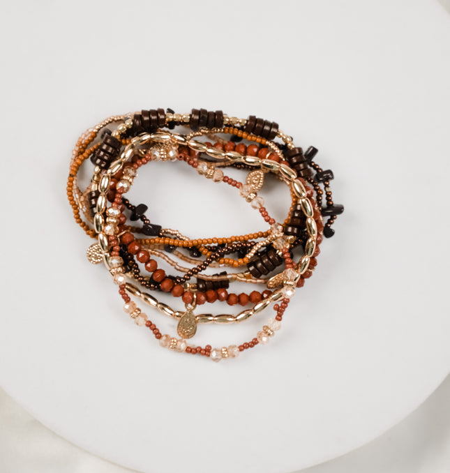 Layered Boho Earth Beaded Bracelet Set Styled on Wrist - Hashtack