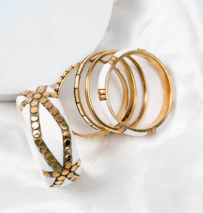 Ivory and Gold Studded Resin Bangle Stack Styled on Wrist - Hashtack