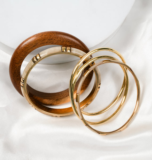 Wooden and Gold Bangle Stack Styled on Wrist - Hashtack