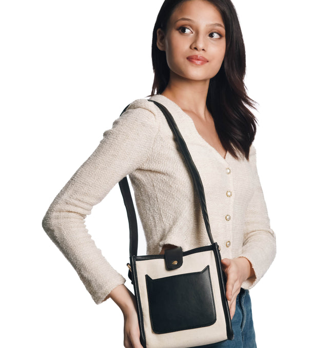 On-the-Go Black Canvas PU Shoulder Bag - HASHTACK