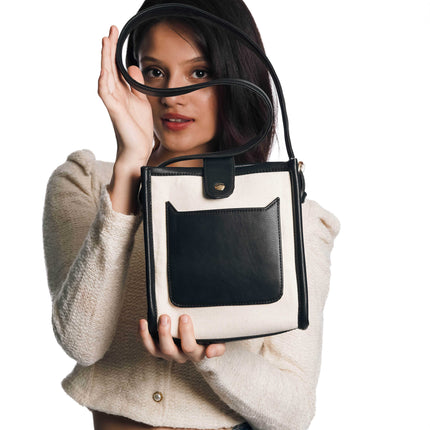 On-the-Go Black Canvas PU Shoulder Bag - HASHTACK