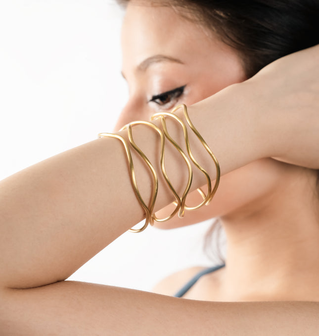 Sculpted Wave Gold Cuff Bracelet - Front View