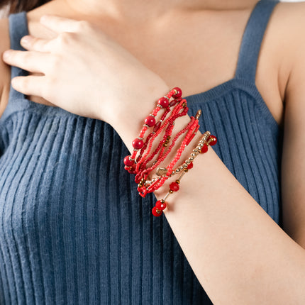 Ruby Red Beaded Bangle Stack