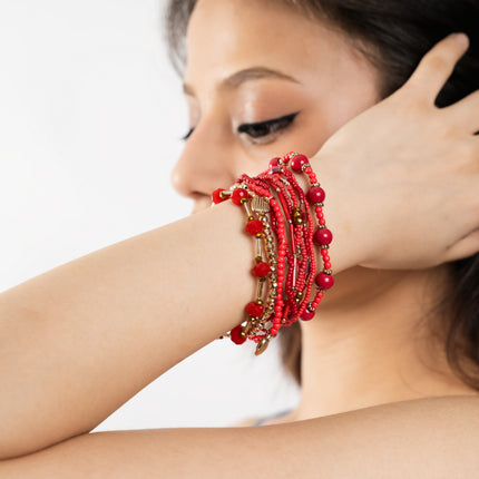 Ruby Red Beaded Bangle Stack