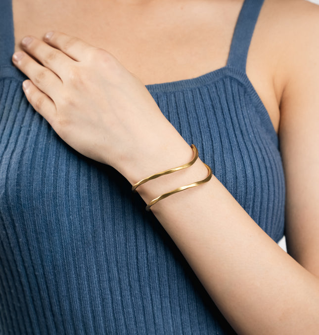 Sculpted Double Wave Gold Cuff Bracelet - Front View