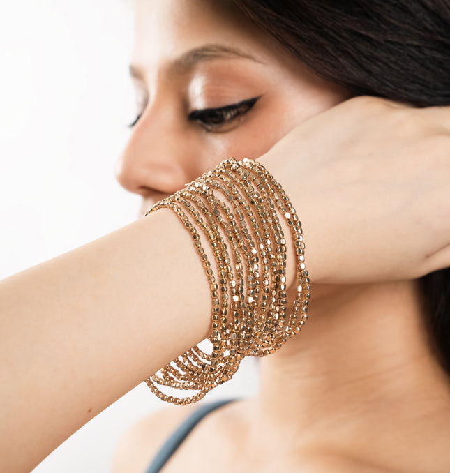Golden Beaded Multi-Layer Bracelet Stack - Front View