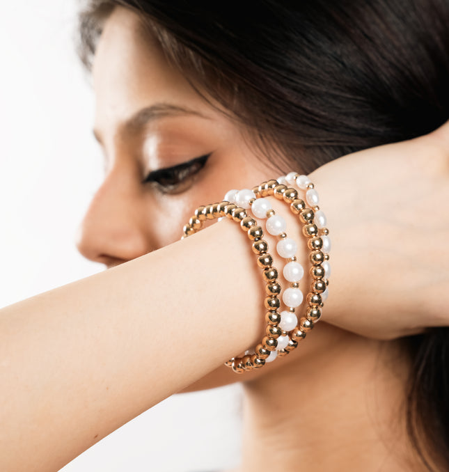 Golden Pearl Beaded Layered Bracelet - Front View Stack