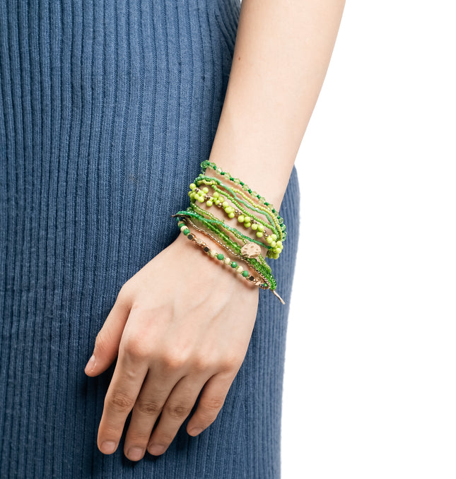 Close-Up of Lime Green and Meadow Green Seed Beads with Gold Textured Charms