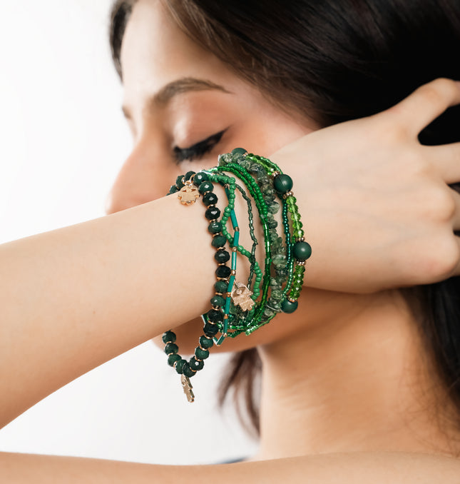 Emerald Green Multi-Layer Beaded Charm Bracelet - Front View Stack