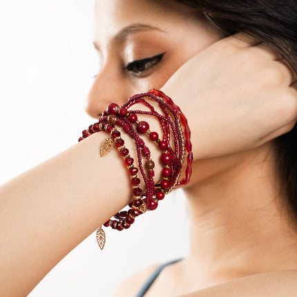 Burgundy Ruby Beaded Bangle Stack
