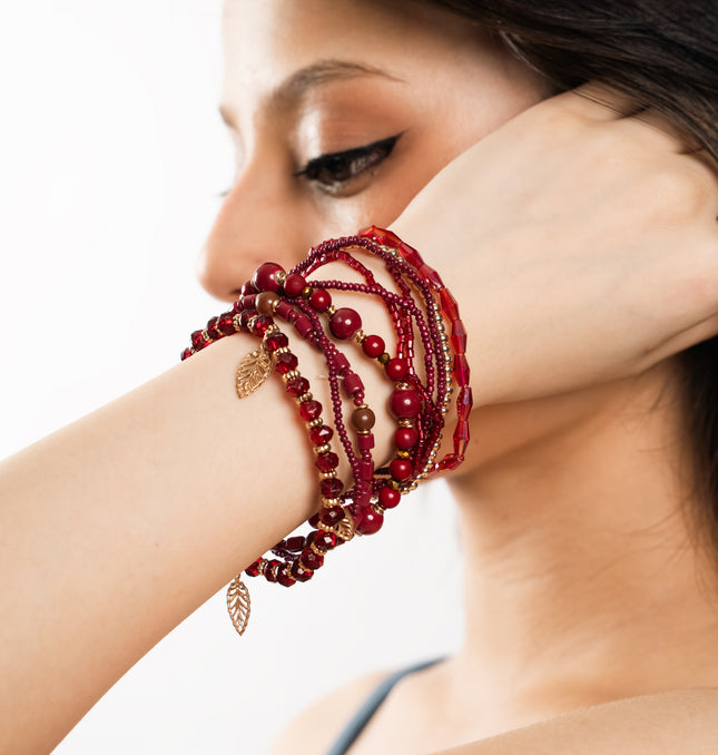Burgundy Ruby Beaded Bangle Stack