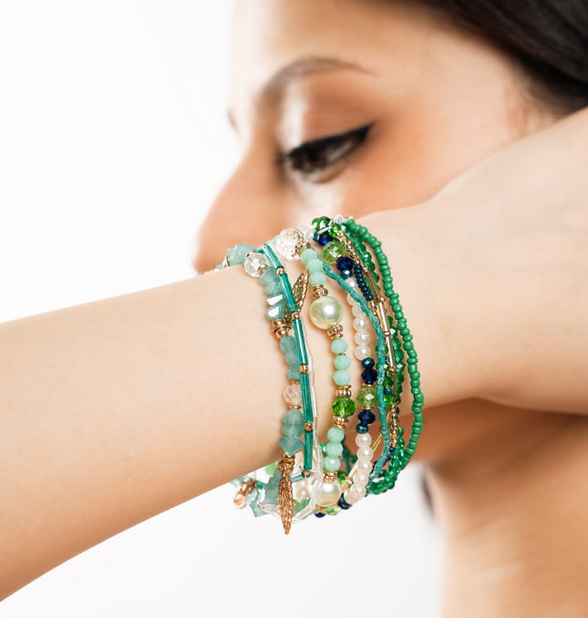 Emerald Tide Multi-Strand Beaded Bracelet Set - Front View Stack
