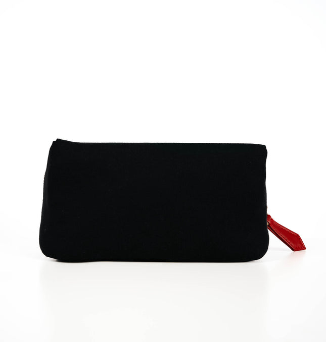 Black utility pouch for women with vibrant red zipper