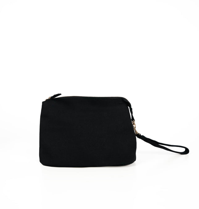 Black clutch pouch with strap for women with gold-tone zipper