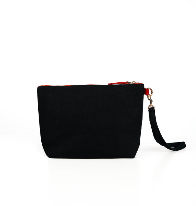 Black and red wristlet pouch for women with gold-tone zipper