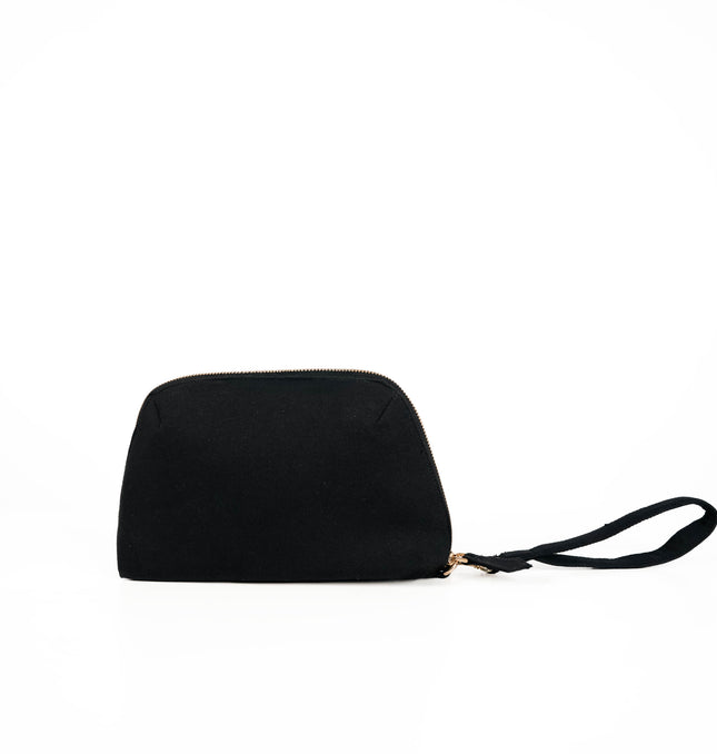 Black multi compartment utility pouch for women with gold-tone zip