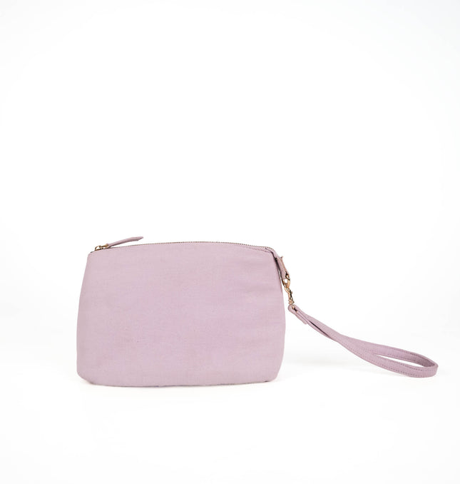 Purple wristlet pouch for women with gold-tone top zip