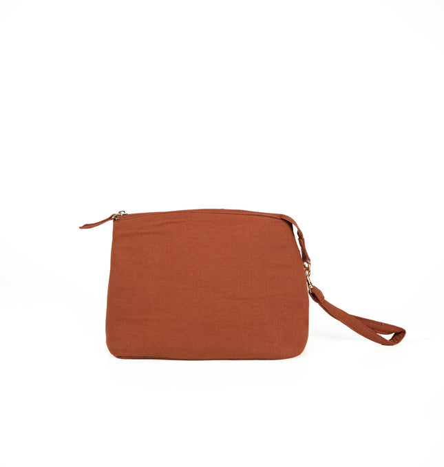 Terracotta brown utility pouch for women with gold-tone top zip