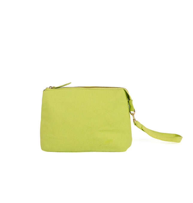 Front view of lime green utility pouch in Lime Green with gold zipper and textured canvas