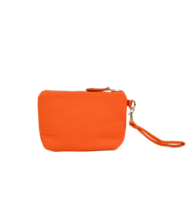 Front view of bright orange utility pouch in Bright Orange with gold zipper and textured canvas