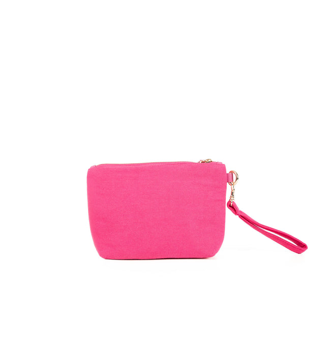 Front view of fuchsia pink utility pouch in Fuchsia Pink with gold zipper and textured canvas