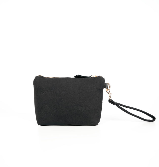 Front view of black canvas utility pouch in Black with gold zipper and textured canvas