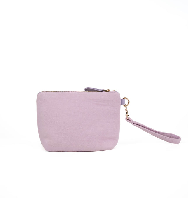 Front view of violet lilac utility pouch in Violet Lilac with gold zipper and textured canvas
