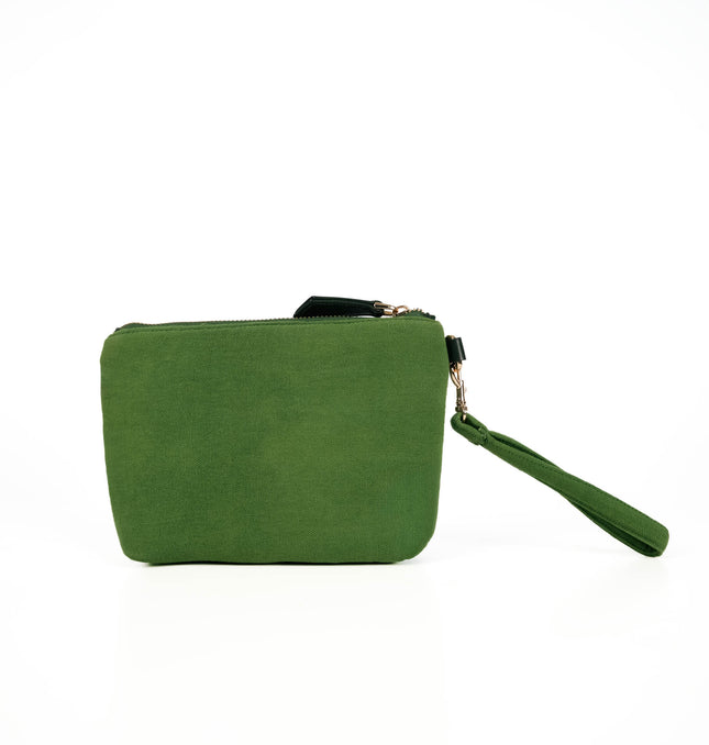 Front view of moss green utility pouch in Moss Green with gold zipper and textured canvas