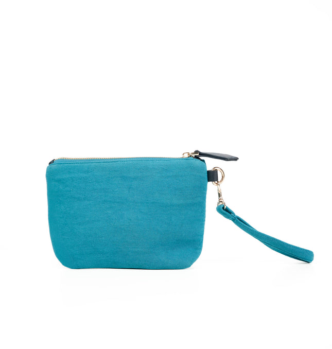 Front view of turquoise blue utility pouch in Turquoise Blue with gold zipper and textured canvas