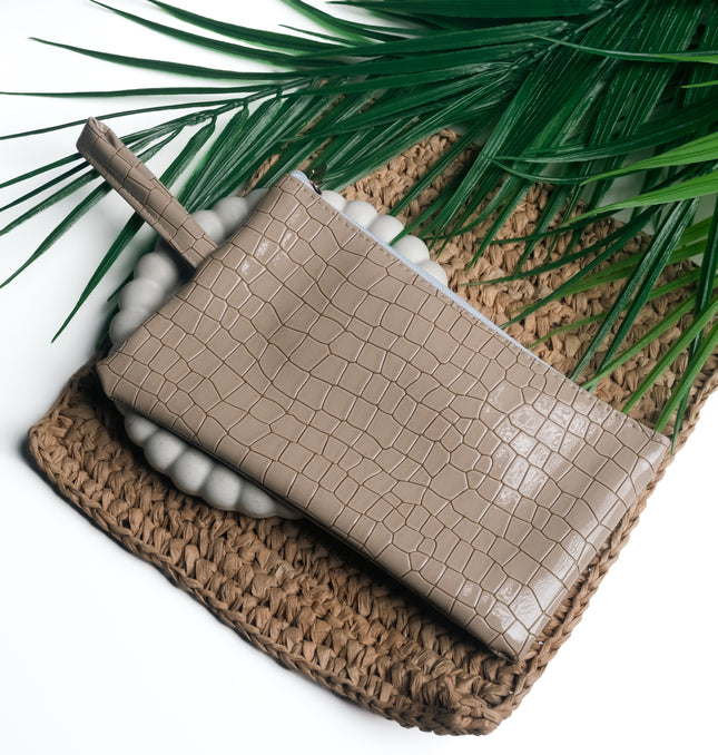 Beige Croc-Textured Pouch