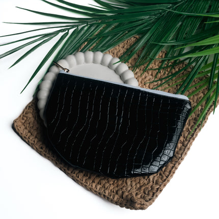 Black Croc-Textured Half-Moon Pouch