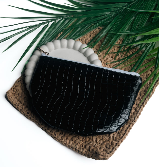 Black Croc-Textured Half-Moon Pouch