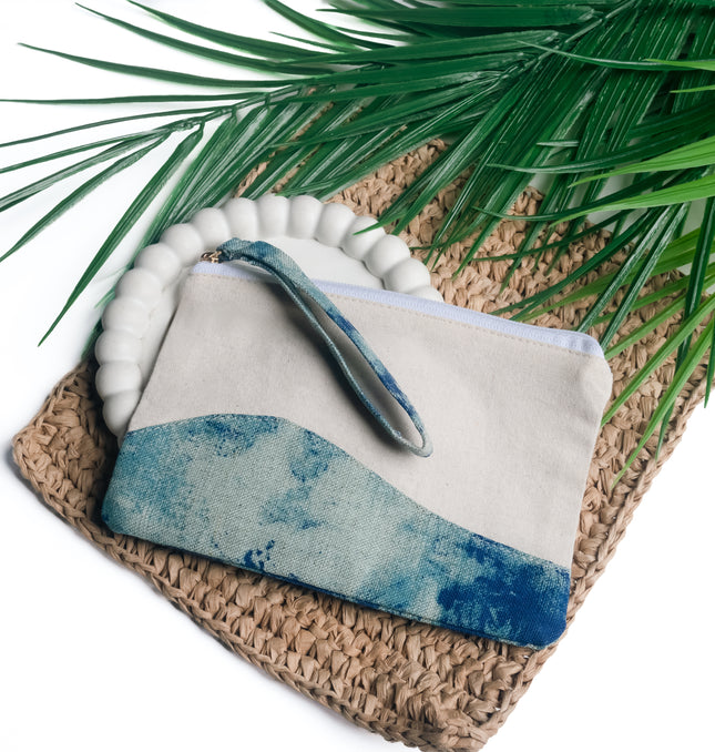 Handcrafted Canvas Pouch with Blue Wave Design