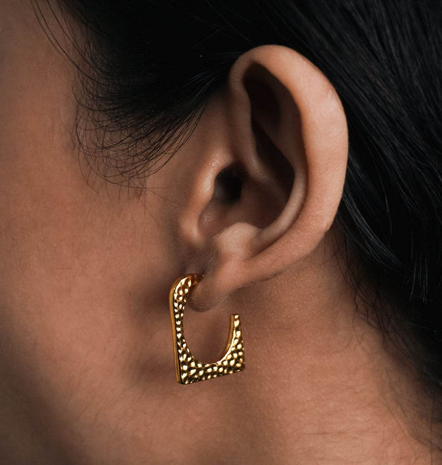 Golden Hammered Square Hoop Earrings - HASHTACK