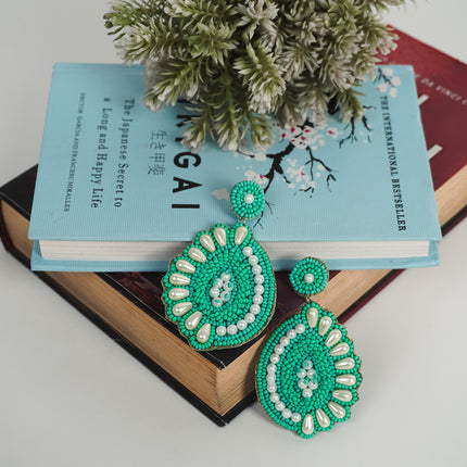 Green Pearl Drop Half Flower Earrings