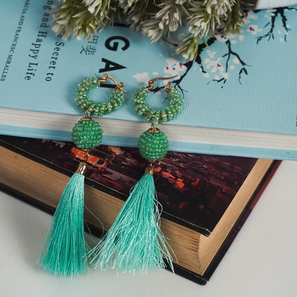 Green Beaded Tassel Earrings