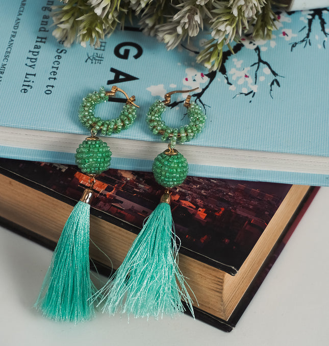 Green Beaded Tassel Earrings