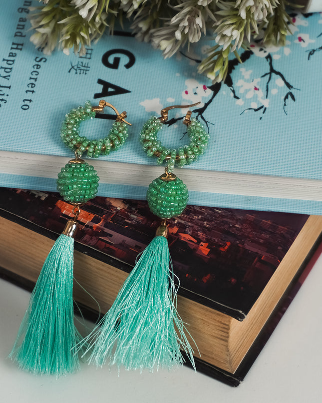 Green Beaded Tassel Earrings