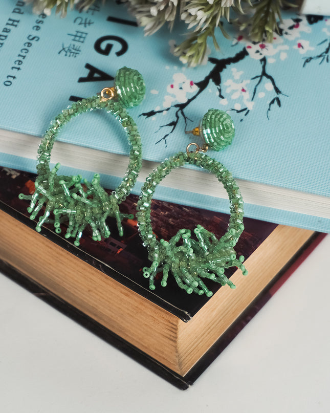 Vibrant Green Beaded Hoop Earrings with Fringe Accents