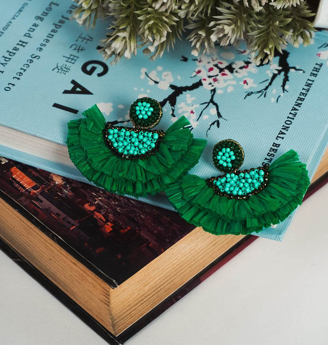 Green Rafia Small Fan Earrings - HASHTACK