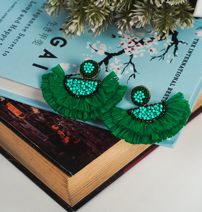 Green Rafia Small Fan Earrings