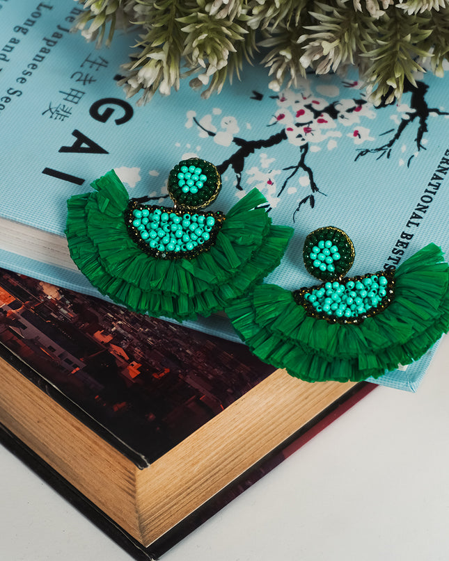 Green Rafia Small Fan Earrings