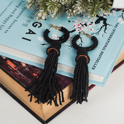 Chic Black Beaded Hoop Earrings with Tassels